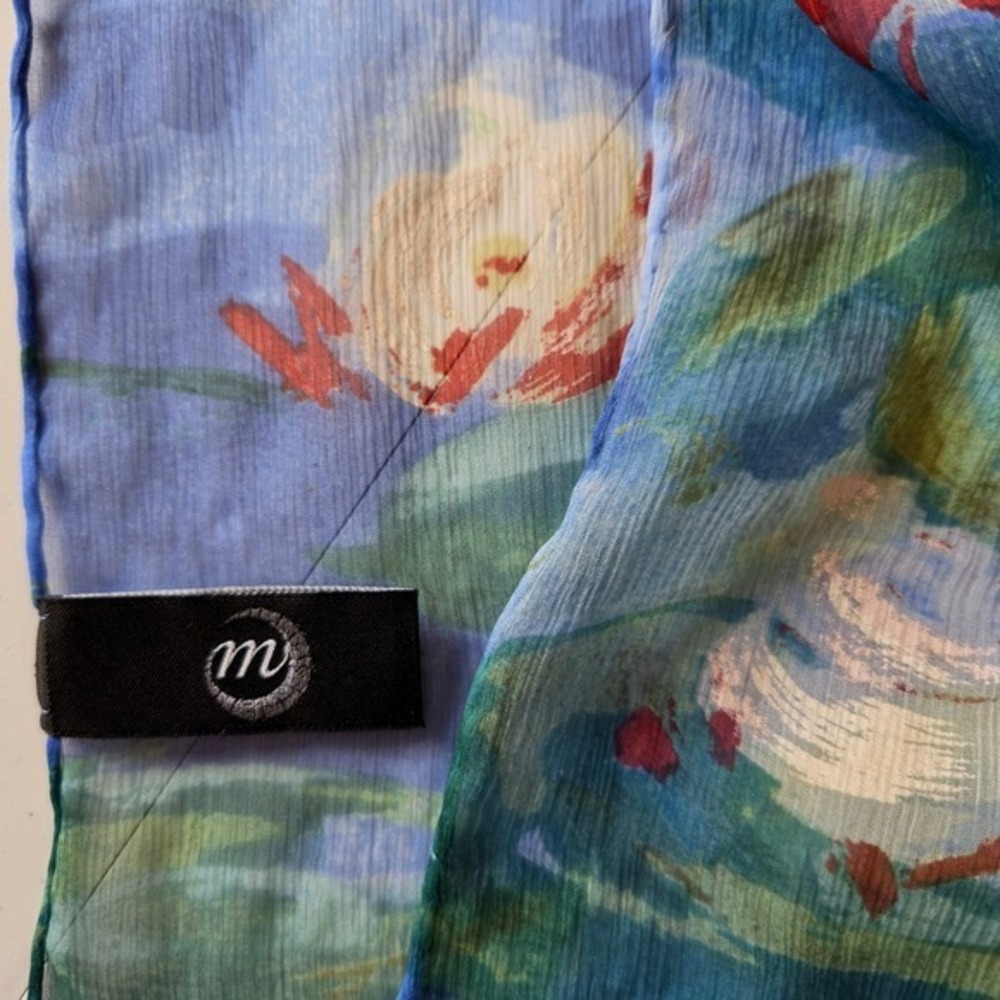 Vintage 100% Silk Water Lilies Scarf Monet Style Metropolitan Museum Art 62x12 - Picture 3 of 10